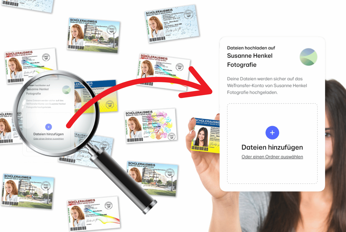 WeTransfer-Dialog mit dem Text „Dateien hochladen auf Susanne Henkel Fotografie. Deine Dateien werden sicher auf das WeTransfer-Konto von Susanne Henkel Fotografie hochgeladen. Dateien hinzufügen.“ 