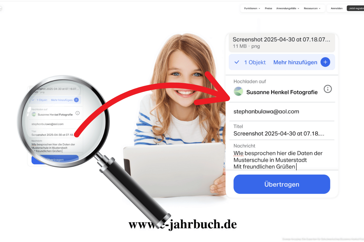 Im Vordergrund vergrößert eine Lupe den Text „Bestätige deine E-Mail-Adresse. Wir haben einen Verifizierungscode an info@energy-imaging.de gesendet, um sicherzustellen, dass du es wirklich bist (vergiss nicht, deinen Spam-Ordner zu überprüfen).