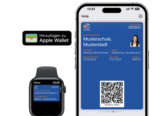Digitaler Schülerausweis wird auf Smartphone und Smartwatch dargestellt in iOS als auch auf android
