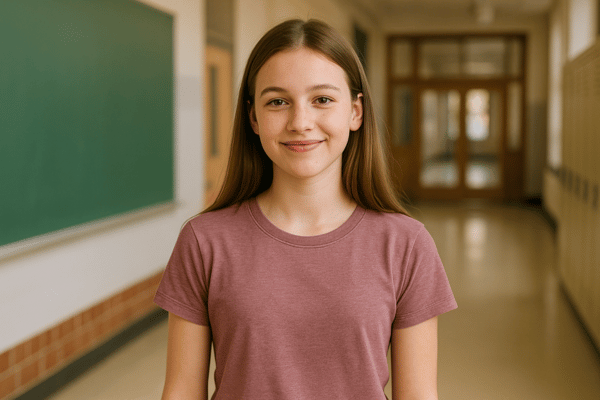Schulfotograf Tipps für den Fototag: Schüler in neutraler Kleidung ohne Logos, schlichtes T-Shirt in freundlicher Farbe. So wirkt das Foto natürlich, ohne dass bunte Muster oder große Markenlogos vom Gesicht ablenken