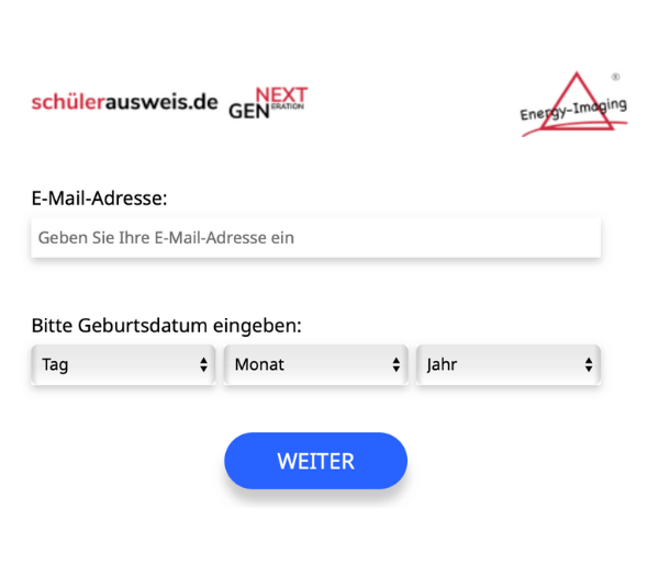 Formular zur erneuten Zusendung des digitalen Schülerausweises – Eingabefelder für E-Mail-Adresse und Geburtsdatum mit blauem „Weiter“-Button.
