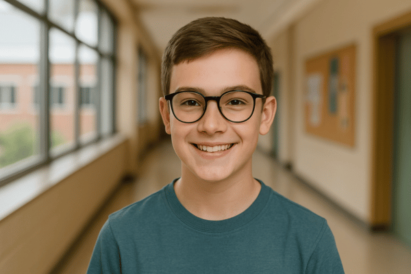 Schulfotograf Tipps für den Fototag: Schüler trägt Brille und lächelt natürlich in die Kamera. Brillen sind bei der Schulfotografie kein Problem – mit den richtigen Tricks entstehen klare Portraits ohne Spiegelungen.