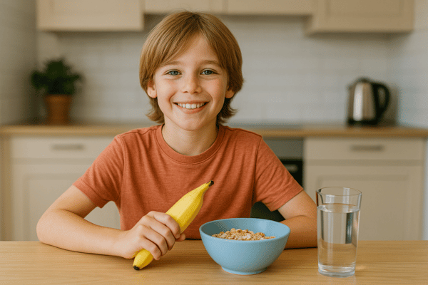Schulfotograf Tipps für den Fototag: Schüler frühstückt mit Banane, Müsli und Wasser. Ein gesundes Frühstück gibt Energie für entspannte Fotos – und verhindert Ketchup- oder Schokoflecken auf den Bildern.