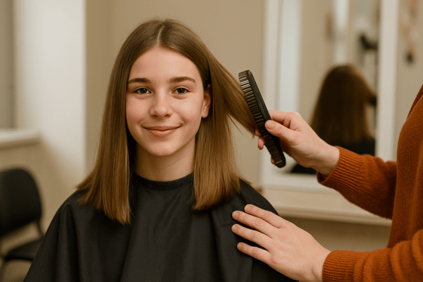 Schulfotograf Tipps für den Fototag: Jugendliche mit frisch gekämmten Haaren vor dem Spiegel. Ein Haarschnitt sollte am besten 1–2 Wochen vorher stattfinden, damit die Frisur am Fototermin natürlich und entspannt wirkt.