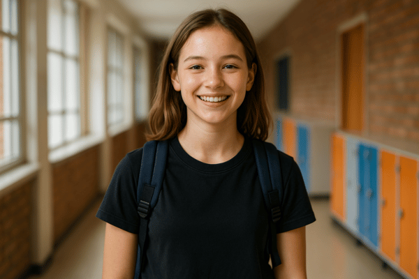 Schulfotograf Tipps für den Fototag: Schülerin steht locker im Schulflur, Schultern entspannt, mit freundlichem Lächeln. So wirkt sie selbstbewusst und natürlich – perfekter Tipp für Haltung und Ausstrahlung bei Schulfotos