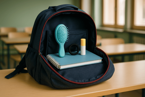 Schulfotograf Tipps für den Fototag: Offener Schulranzen zeigt praktische Dinge wie Bürste, Haargummi, Taschentuch und Labello. Kleine Helfer im Ranzen sorgen dafür, dass Schüler*innen vor den Fotos perfekt vorbereitet sind.