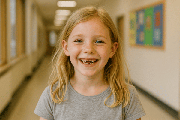 Schulfotograf Tipps für den Fototag: Kind mit Zahnlücke und abstehenden Haaren, das fröhlich lächelt. Kleine Makel machen Fotos besonders und authentisch – perfekte Erinnerung an den Moment, so wie Schüler*innen gerade sind.