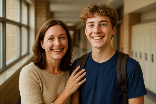 Schulfotograf Tipps für den Fototag: Elternteil legt die Hand auf die Schulter des Kindes, beide lächeln. Positive Stimmung wirkt ansteckend – mit guter Laune entstehen die schönsten und natürlichsten Schulfotos