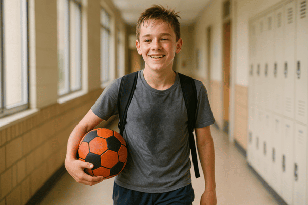 Schulfotograf Tipps für den Fototag: Schüler in schicker Kleidung hält Fußball in der Hand. Vor dem Fototermin besser keinen Sport machen – so bleibt Kleidung ordentlich und die Frisur frisch für die Schulfotos.