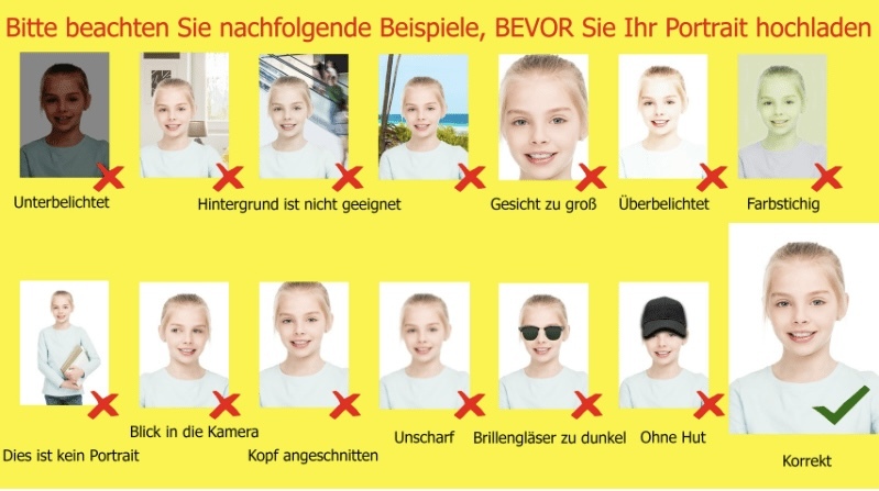 Beispiele für Schülerausweis-Fotos: Korrekte und falsche Portraitbilder mit Hinweisen zu Belichtung, Hintergrund und Fotoanforderungen.